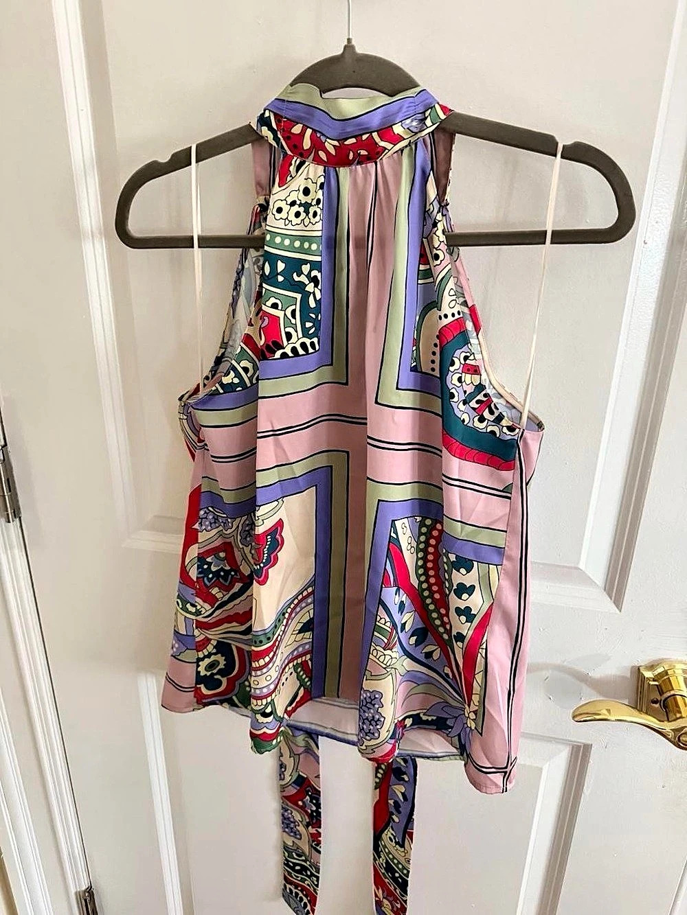 Paisley Scarf Tie Silk Halter Top Pink & Multicolor